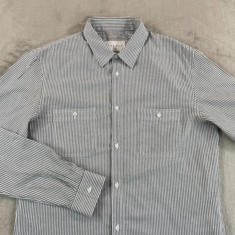 Sandro Paris Shirt Women XL Grey Hickory Striped Pockets Designer Long Sleeve